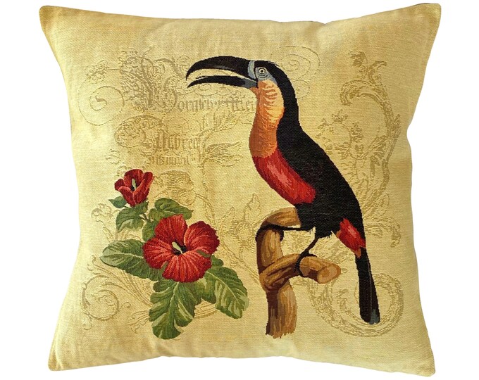 TROPICAL Birds Series, Toucan, BELGIAN Belgium Jacquard WOVEN Hand Finished 45cm 18" Tapestry Pillow Cushion Cover