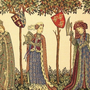 May include: A tapestry depicting three figures in medieval attire. The figures are standing in a woodland setting with trees and flowers. The figure on the left is wearing a green robe and a crown. The figure in the centre is wearing a blue and red robe and a crown. The figure on the right is wearing a red and green robe and a crown. The tapestry is woven with intricate details and vibrant colours.