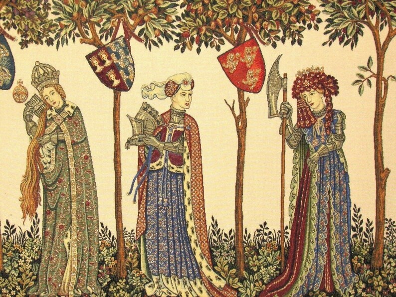May include: A tapestry depicting three figures in medieval attire. The figures are standing in a woodland setting with trees and flowers. The figure on the left is wearing a green robe and a crown. The figure in the centre is wearing a blue and red robe and a crown. The figure on the right is wearing a red and green robe and a crown. The tapestry is woven with intricate details and vibrant colours.