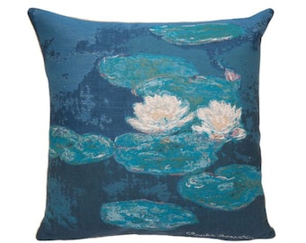 Claude MONET "Effet du Soir" Water Lilies, BELGIAN Belgium Jacquard WOVEN Hand Finished Tapestry Pillow Cushion Cover, 33cm x 33cm 13" X 13"