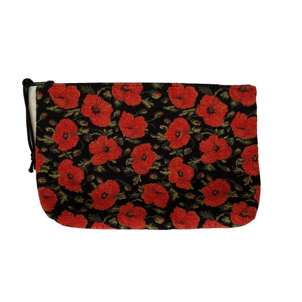 Coquelicots rouges sur fond noir TAPISSERIE BELGE Trousse de toilette décorée à la main, 20 cm x 15 cm, avec fermeture éclair