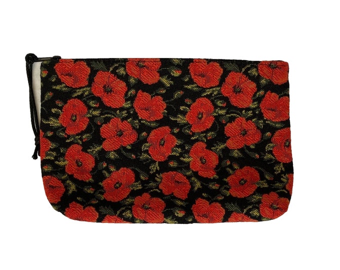 Red Poppies on Black Background Hand Finished BELGIAN TAPESTRY Trousse Purse Pouch Toiletry Cosmetic Bag 20CM X 15CM, with zip