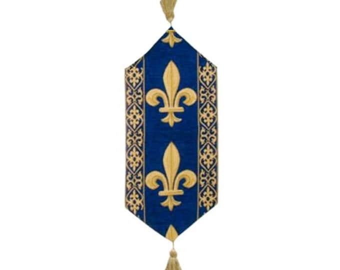 BELGIAN WOVEN Hand Finished Fully Lined Fleur de Lys TAPESTRY Table Runner with Tassels, 9300/33 Gold on Blue, 105cm x 33cm