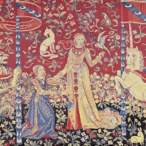 クリュニー婦人とユニコーン The Taste BELGIAN ベルギー製ジャカード織りタペストリー 壁掛け 25.6" x 17.7" / 65 cm x 45 cm 裏地付き + ロッドスリーブ
