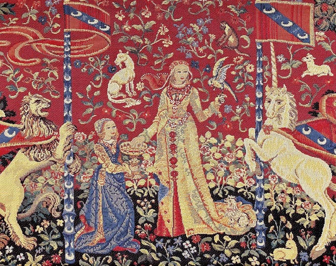 Cluny Lady & the Unicorn The Taste BELGIAN Belgium jacquard woven tapestry wall hanging 25.6" x 17.7" / 65cm x 45cm fully lined + rod sleeve