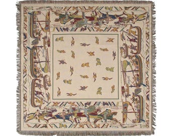 BELGIAN Jacquard Woven 150cm x 150cm BAYEUX TAPESTRY Table Throw Bed Spread Occasional Cover with Tassels