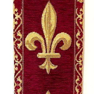 BELGIAN WOVEN Fleur de Lys fully lined TAPESTRY Bell Pull Wall Hanging with Brass Hanger and Tassel, 9300/77 Red image 5