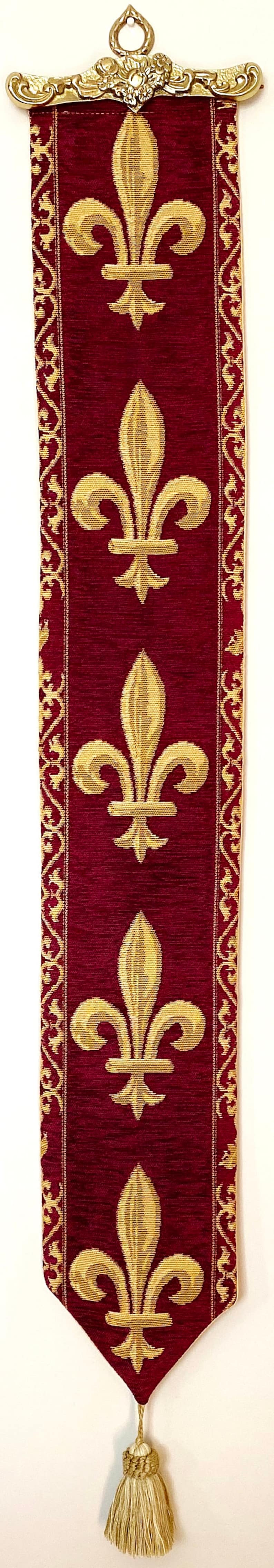 BELGIAN WOVEN Fleur de Lys fully lined TAPESTRY Bell Pull Wall Hanging with Brass Hanger and Tassel, 9300/77 Red image 5