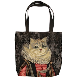 猫好きのベルギータペストリー ラージ ショッピングトートバッグ 46 cm x 46 cm、エリザベス朝の襟巻きとティアラ/王冠をつけた堂々とした猫