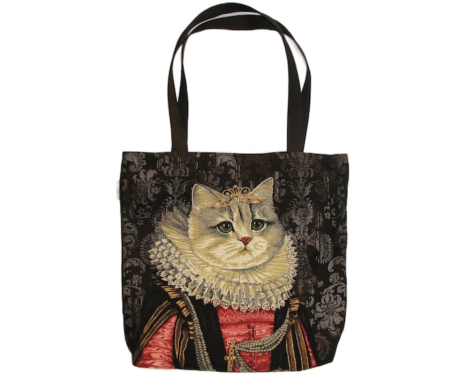 Cat lovers BELGIAN TAPESTRY LARGE Shopping Tote Bag 46cm x 46cm, Regal Cat with Elizabethan Ruff and Tiara / Crown