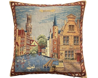 ROZENHOEDKAAI & Belfry, Brugge, BELGIAN Belgium Jacquard WOVEN Hand Finished Tapestry Pillow Cushion Cover, 46cm x 46cm 18" x 18"