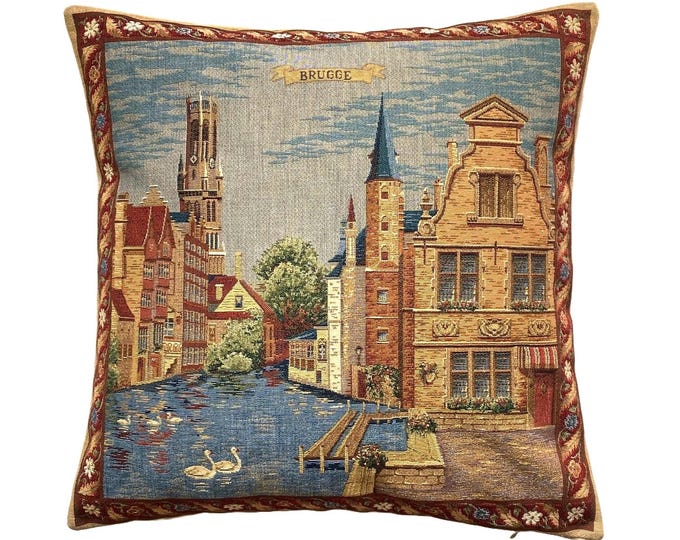 ROZENHOEDKAAI & Belfry, Brugge, BELGIAN Belgium Jacquard WOVEN Hand Finished Tapestry Pillow Cushion Cover, 46cm x 46cm 18" x 18"
