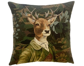 BELGIAN WOVEN Hand Finished 47cm x 47cm 18" x 18" Tapestry Cushion Pillow Cover, Verdure Stag Deer in Green Jacket, Beige Velvet/Flock Back