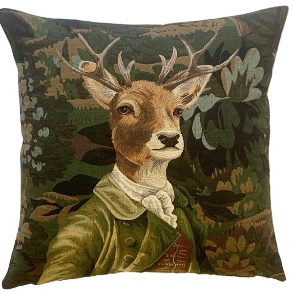 BELGIAN WOVEN Hand Finished 47cm x 47cm 18" x 18" Tapestry Cushion Pillow Cover, Verdure Stag Deer in Green Jacket, Beige Velvet/Flock Back