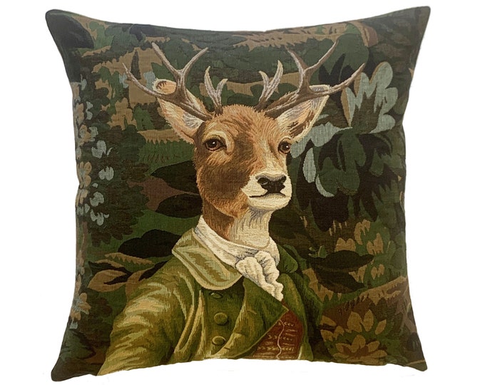 BELGIAN WOVEN Hand Finished 47cm x 47cm 18" x 18" Tapestry Cushion Pillow Cover, Verdure Stag Deer in Green Jacket, Black Velvet/Flock Back