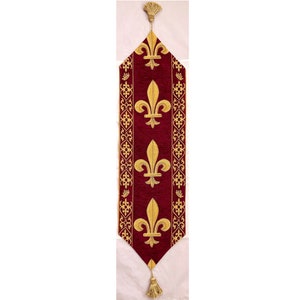 BELGIAN WOVEN Hand Finished Fully Lined Fleur de Lys TAPESTRY Table Runner with Tassels, 9300/77 Gold on Red, 135cm x 33cm