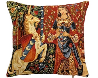 Cluny Lady & the Unicorn The SMELL, BELGIAN Belgium Jacquard WOVEN Hand Finished Tapestry Pillow Cushion Cover, 35cm, 14", With Zip