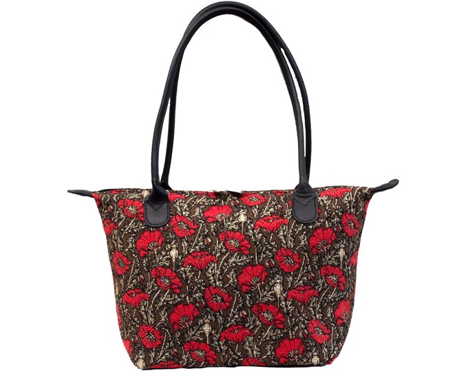Coquelicots Poppies with Lurex BELGIAN TAPESTRY Malta Style Hand Bag 36cm x 24cm Hand finished, fully lined, leather handles, zip closure