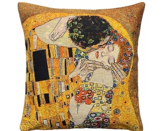 Gustav KLIMT The Kiss BELGIAN Belgium Jacquard WOVEN Hand Finished Tapestry Pillow Cushion Cover with Gold Lurex, 46cm x 46cm, 18" x 18"