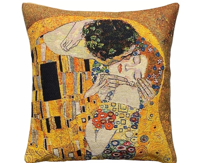 Gustav KLIMT The Kiss BELGIAN Belgium Jacquard WOVEN Hand Finished Tapestry Pillow Cushion Cover with Gold Lurex, 46cm x 46cm, 18" x 18"