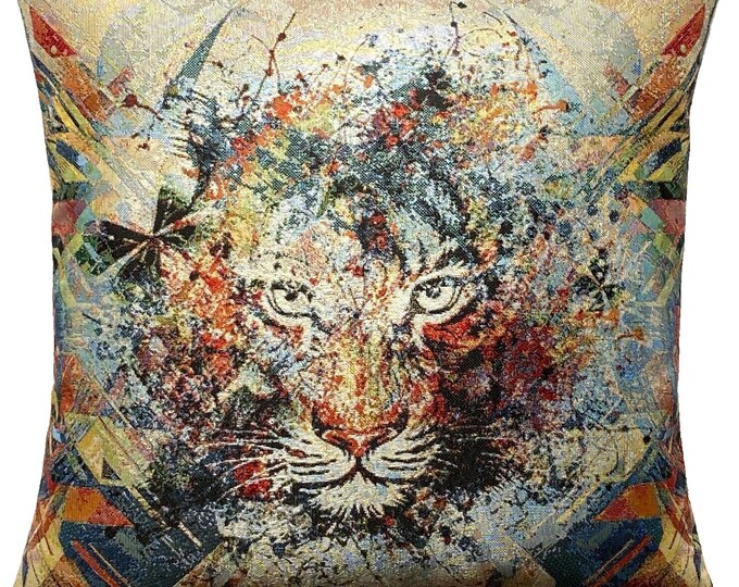 Abstract Tiger Animal French Hand Finished 44cm 17" Lightweight Tapestry Pillow Cushion Cover With Zip & Soft Touch Beige Velvet Back