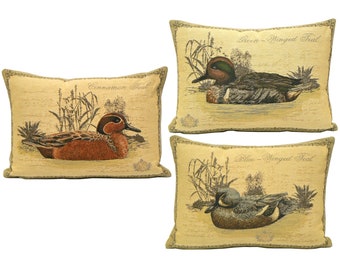 Set of 3 Duck BELGIAN Jacquard WOVEN Hand Finished 46cm x 33cm 18" x 13" Tapestry Pillow Cushion Pillow Covers, Cinnamon, Green & Blue Teal