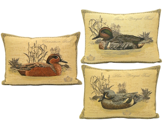 Set of 3 Duck BELGIAN Jacquard WOVEN Hand Finished 46cm x 33cm 18" x 13" Tapestry Pillow Cushion Pillow Covers, Cinnamon, Green & Blue Teal