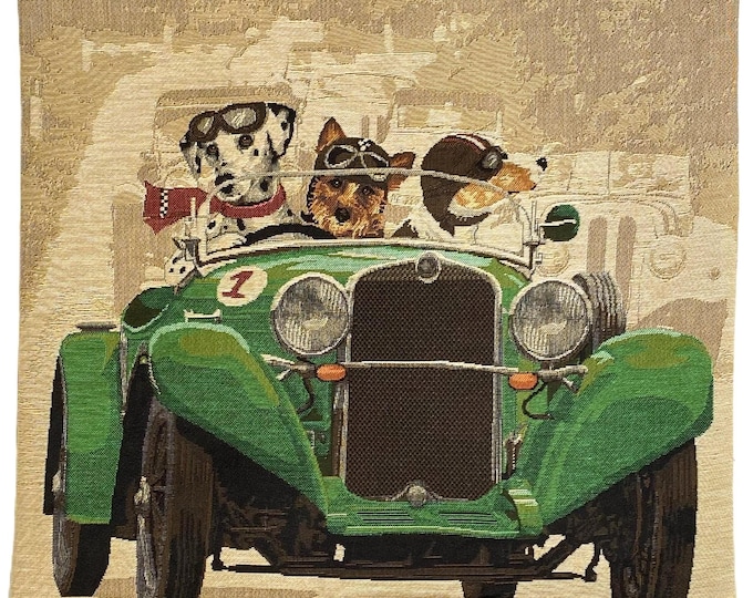 Green Vintage Car Dog Racers, BELGIAN Jacquard WOVEN Hand Finished Tapestry Pillow Cushion Cover with Beige Velvet Reverse, 46cm 18", 1547C