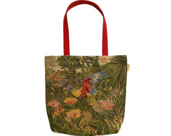 Feerie Tropicale, Tropical Fairyland BELGIAN Tapestry Woven Hand Finished Large Tote Shoulder Bag Handbag, Size 46cm x 46cm 18" x 18"