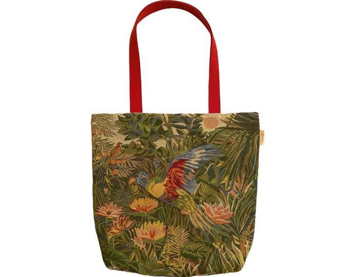 Feerie Tropicale, Tropical Fairyland BELGIAN Tapestry Woven Hand Finished Large Tote Shoulder Bag Handbag, Size 46cm x 46cm 18" x 18"