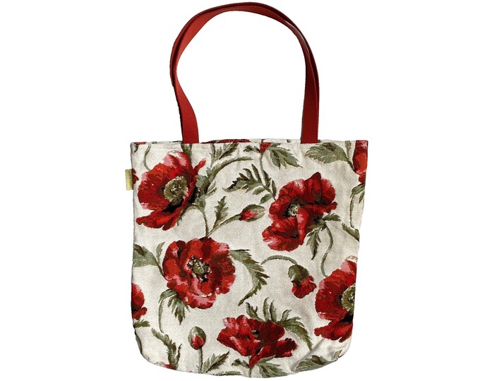 Large Poppies Coquelicots BELGIAN Tapestry Woven Hand Finished Tote Shoulder Bag Handbag, Approx 46cm x 46cm 18" x 18" (Size Excl. Handles)