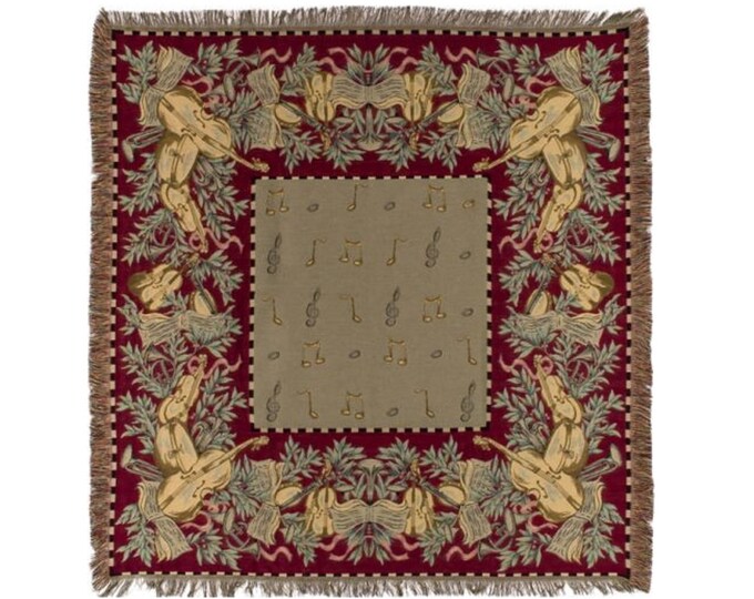 BELGIAN Jacquard Woven 150cm x 150cm "MUSIC" "Musique" TAPESTRY Table Throw Bed Spread Occasional Cover with Tassels