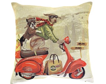 Red Scooter Lambretta Dog Racers, BELGIAN Jacquard WOVEN Hand Finished Tapestry Pillow Cushion Cover, 46cm x 46cm, 18" x 18", 1649A