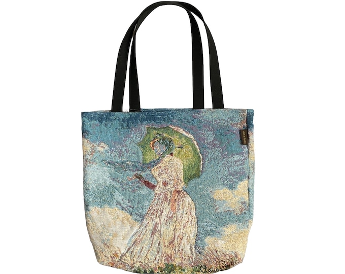 MONET'S Lady with the Umbrella BELGIAN Tapestry Woven Hand Finished Large Tote Shoulder Bag Handbag, Size 43cm x 43cm 17" x 17" Excl Handles
