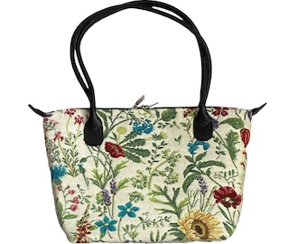Fleurs des Champs Country Flowers BELGIAN TAPESTRY Malta Style Hand Bag 36cm x 24cm Hand finished, fully lined, leather handles, zip closure