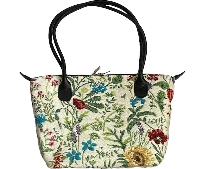 Fleurs des Champs Country Flowers BELGIAN TAPESTRY Malta Style Hand Bag 36cm x 24cm Hand finished, fully lined, leather handles, zip closure