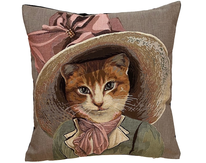 Belle Epoque Cat C, BELGIAN Belgium Jacquard WOVEN Hand Finished Tapestry Pillow Cushion Cover 46cm x 46cm 18" x 18", black velvet back