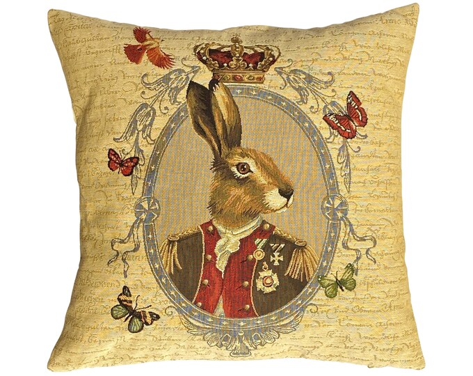 BELGIAN WOVEN Hand Finished Aristocratic Military Hare Forest Animal Fauve Fine Arts Jacquard Tapestry Cushion Cover 46cm x 46cm, 18" x 18"