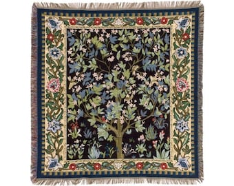 BELGIAN Jacquard Woven Hand Finished 150cm x 150cm William MORRIS Tree of Life TAPESTRY Table Throw Bed Spread Occasional Cover with Tassels