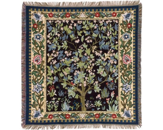 BELGIAN Jacquard Woven Hand Finished 150cm x 150cm William MORRIS Tree of Life TAPESTRY Table Throw Bed Spread Occasional Cover with Tassels