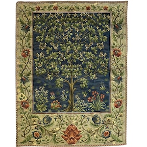Jacquard WOVEN in Belgium Hand Finished 47cm x 69cm / 18.5&quot; x 27&quot; Tree of Life William MORRIS Design Tapestry Wall Hanging, blue background