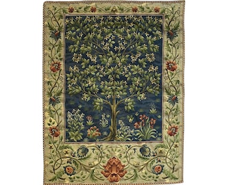 Tree of Life William MORRIS Design Jacquard WOVEN in Belgium Hand Finished 47cm x 69cm / 18.5" x 27" Tapestry Wall Hanging, blue background