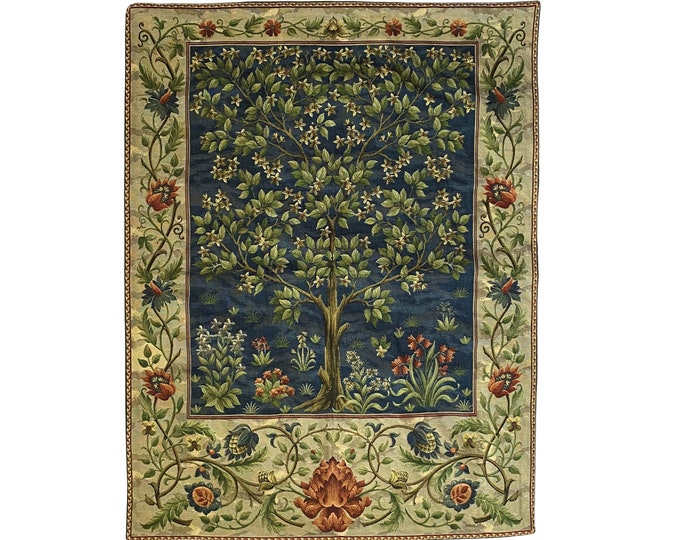 Jacquard WOVEN in Belgium Hand Finished 47cm x 69cm / 18.5" x 27" Tree of Life William MORRIS Design Tapestry Wall Hanging, blue background