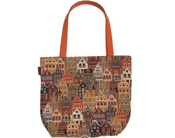 Brugge Huizen Bruges Houses BELGIAN Tapestry Woven Hand Finished Large Tote Shoulder Bag Handbag, Size 46cm x 46cm 18" x 18"