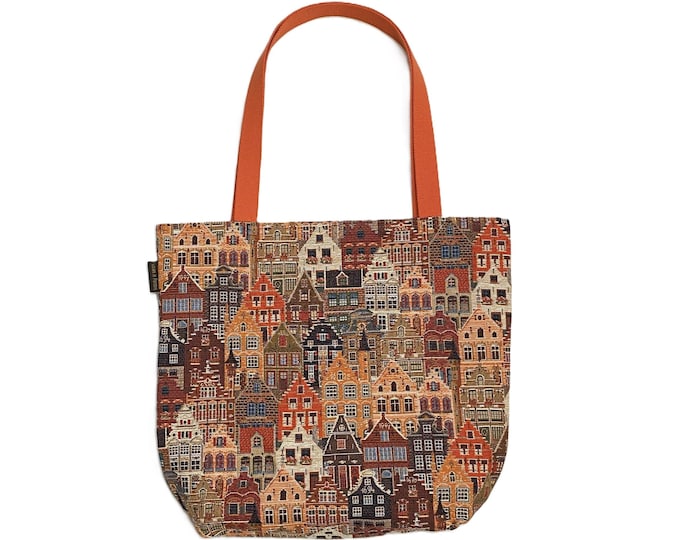 Brugge Huizen Bruges Houses BELGIAN Tapestry Woven Hand Finished Large Tote Shoulder Bag Handbag, Size 46cm x 46cm 18" x 18"