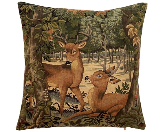 BELGIAN Jacquard WOVEN Hand Finished 100 Cotton Tapestry Cushion Pillow Cover Verdure Faons Deer Fawns in Forest Beige Velvet Back 47cm 18 Etsy