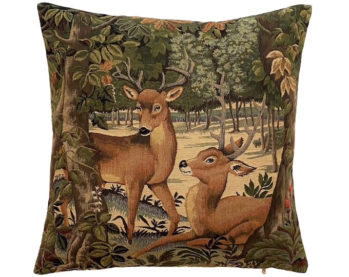 BELGIAN Jacquard WOVEN Hand Finished 100% Cotton Tapestry Cushion Pillow Cover Verdure Faons Deer Fawns in Forest Black Velvet Back 47cm 18"