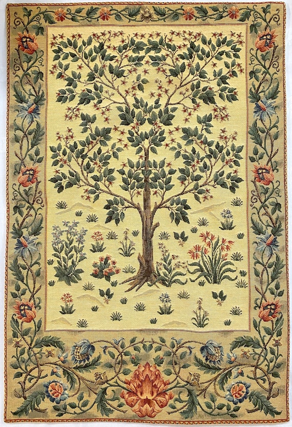 Tapisserie Murale Belge 'Arbre De Vie' Design William Morris - 47x69 Cm - Bleu Multicolore - Avec Emplacement Pour Tringle
