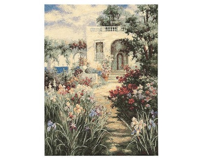 Garden Patio Scene, BELGIAN Jacquard Woven Hand Finished TAPESTRY Wall Hanging, lined with hanging rod sleeve, 38" x 27" / 96cm x 69cm