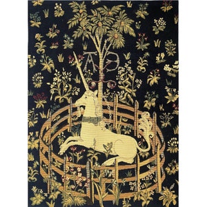 クリュニー 捕らわれたユニコーン 23" x 18", 58 cm x 45 cm ベルギー ベルギー製ジャカード織りタペストリー壁掛け、ロッドスリーブ付き裏地付き
